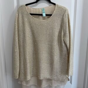 Cream Sequin Sweater with Layered Hem